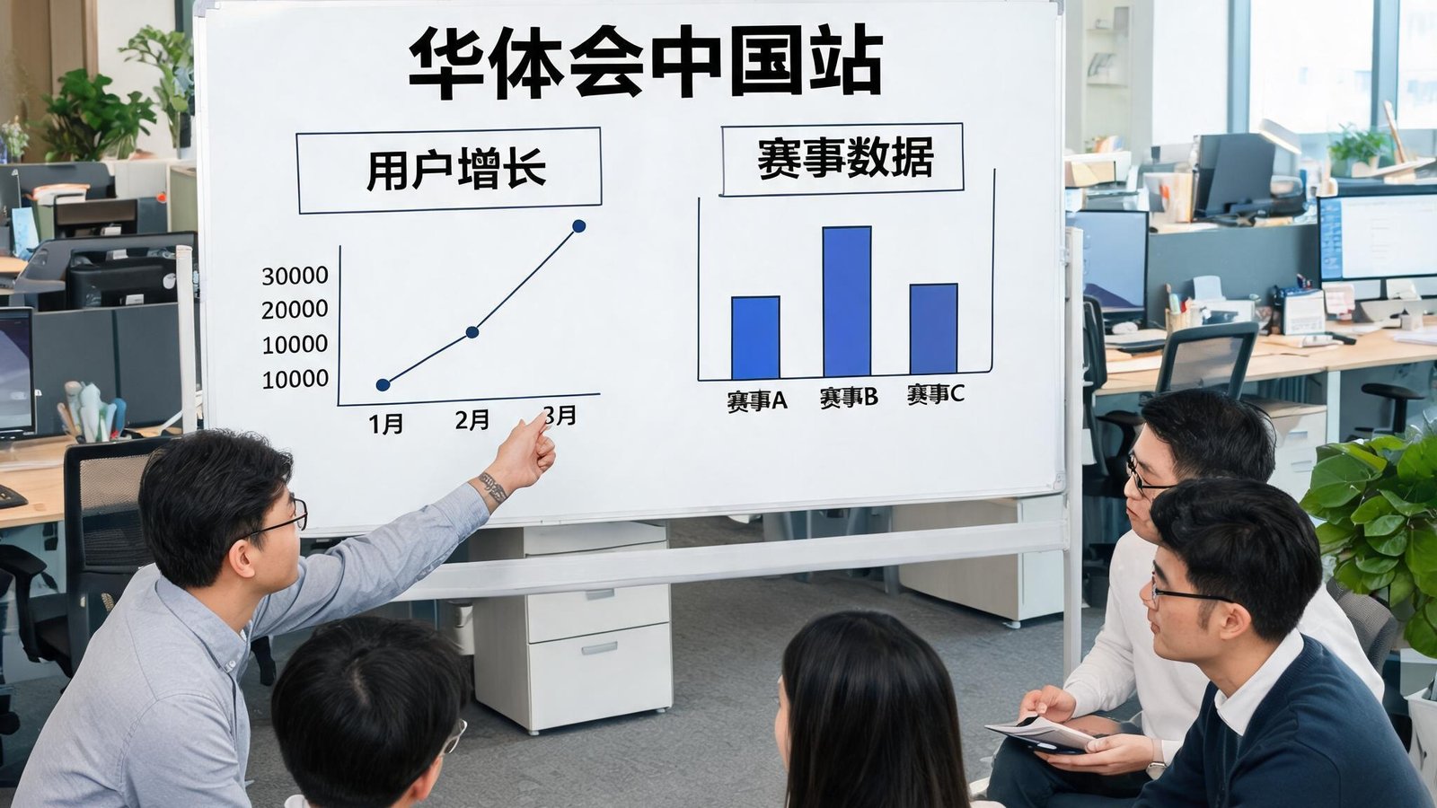 华体会中国站团队在开放式办公环境中讨论，白板上画着用户增长与赛事数据图表